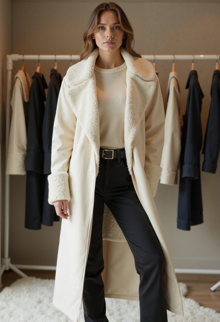 full body shot, beautiful woman, clo023, wearing a closed longline cream coat, shearling collar and cuffs, belted at the waist, sweater, black trousers, boots, posing in a detailed fashion store,
