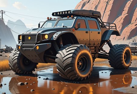 Three/Fourth view of an heavily armored, black, post-apocalyptic, off-road monster-truck vehicle.
The vehicle has 6 wheels.
The vehicle is a monster-truck buggy.
The vehicle is painted with a thick matte black paint and has tiny glowing dark black steel accents.
The vehicle is black. Very, very, very black. Obscured glasses.
Armored, bolted thick steel plates protect the people inside the vehicle.
A great amount of bolted steel plates covers the vehicle.
The bolts are very visible and some of them are rusty.
Many details everywhere. Ray-Tracing. Anti-Aliasing. Realistic reflections. Realistic soft shadows.
Slightly desaturated colors. 
Insane quality. Insane resolution. Insane details. Masterpiece.
Life-Like Photorealism. 
16k resolution
By Simon Stalenhag.