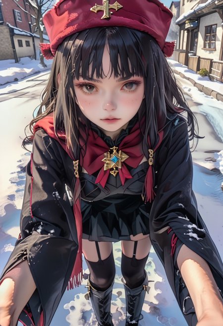 score_9_up, score_9, score_8_up, score_7_up, rating_explicit, 1girl, beautiful, cute, kawaii, young woman, 
cozy winter ensemble with modern flair, she holding Love message give it to the viewer, little delicate snowflakes above the head, blushing, (shy:0.9), (confounded:0.6),  
male pov, detailed background, source_anime, anime, 
frosted alley between snow-dusted buildings, icy pathway, near a warmly lit winter cafe, 
Valentine's atmosphere, twinkling snowflakes, male pov, she leaning forward to pov, 
crisp snowy boulevard, standing, sfw,, Sekai Seifuku, Long black hair, Red eyes, Hime cut, Pale skin, Red military uniform, Black thigh-high socks, Black boots, Gold emblem on hat, Dominatrix-style outfit, Crown, See Description "Triggers and CLothes Prompts"