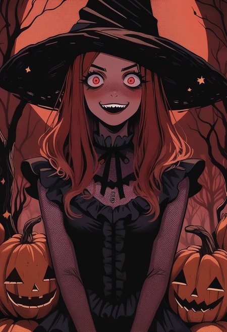 score_9, score_8_up, score_7_up, score_6_up, hllwn, halloween, vintage, source_anime, masterpiece, gloomy and sinister forest, giant red moon, giant pumpkins with evil luminous face, cute witch, red hair, red eyes, blushing, freckles, dark and orange two-tones sorceress dress, sorceress hat, halloween outfit, (two-tones stockings with frills:1.2), (crazy face:1.2), sadistic smile, focus on giant pumpkins