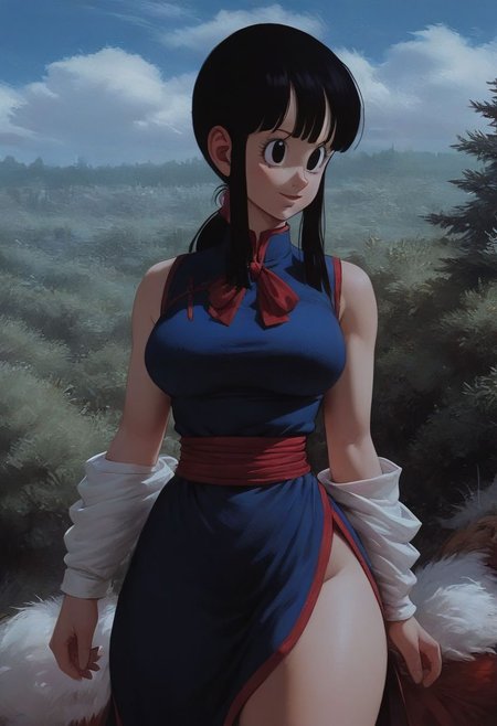 score_9, score_8_up, score_7_up,   score_9, score_8_up, score_7_up,score_9, score_8_up, score_7_up, score_6_up, score_5_up, source_anime, uncensored, BREAK, masterpiece, best quality, ultra-detailed, chichi_dbz, ((milf, mature face, tall)), Purple_Dress_Orange_Neckerchief, sleeveless, standing, smile, on the mountains, cowboy shot, realistic, volumetric lighting, intricate details, tonemapping, sharp focus, hyper detailed, <lora:chichi_dbzV2:0.7>
