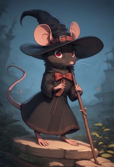 score_9, score_8_up, score_8, solo, fluffy, (feral), outdoors, toes, furry, (((mouse))), female, red eyes, ((light black fur)), chest, claws, (fluffy cheeks:0.7), (black dress), in the style of beatrix potter, ((staff:0.4), long gnarled stick), (solo:2), night, witch hat,