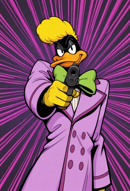 masterpiece, best quality, Graphic Design, color art, vibrant colors, colorful, intricate details, high contrast, detailed background, beautiful detailed, beautiful face, detailed eyes, detailed face, new, newest, z00td4ffy, 1boy, solo, male focus, furry, duck, black skin, beak, black eyes, yellow hair, pompadour, suit, formal, purple coat, yellow gloves, green bowtie, cowboy shot, dynamic pose, smirk, looking at viewer, holding weapon, pistol with supressor, aiming at viewer, from below, low angle,