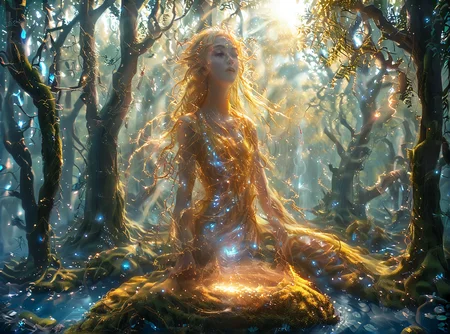 She is a being made of millions of golden threads; she is majestic, capable of touching your soul with a simple glance. This being is called Eltirion.
Eltirion has no strict form, but he prefers to resemble a woman. He finds their bodies harmonious. She loves harmony.
At this moment, Eltirion is enjoying himself floating above an enchanted forest. She is remaking the world; after all, she is a god.
 <lora:3nch4nt3d_f0r3st:1> <lora:Add_Details_v1.2:1> <lora:FC Flux Perfect Busts:1> <lora:Mystic_Lumina_r1:1> <lora:Realistic-Fantasy-style_flux1D_LOREVER:1> <lora:slg_v30:1> <lora:ymnmpi196a29e8950n39e6:1> <lora:å·¨ç¥_FLUX_lora_v1:1>