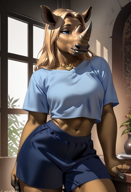 score_9, score_8_up, score_7_up, (by zummeng:1.5), (by jailbird:1.5), (by kittydee:1.5), masterpiece, best quality, (solo),  
(Furry Art: Anthro: white rhinoceros:1.5), 1girl, expressive eyes, feminine eyes, <lora:beautiful_detailed_eyes:1>, perfect face, feminine face, (beautiful purple and white hair), (long straight hair:1.3), feminine body, medium breasts, white rhinoceros, rhino, grey skin, two nose horns, rhino ears, rhino tail, (flat belly:1.3), (wide hips:1.4), (slim waist:1.2), (thick thighs:1.4), (crop top t-shirt:1.5), (shorts), (gold necklace), (brown fur), (light blue eyes),