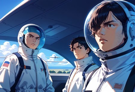cromartie,Score_9, score_8_up, score_7_up, score_6_up, 3 boys, 
shade face, flight suit,space suit,cook suit,nose grasses, standing next to aircraft, portrait, hair over one eye helmet,open helmet grasses,  cockpit,  visor down,protruding afro hair