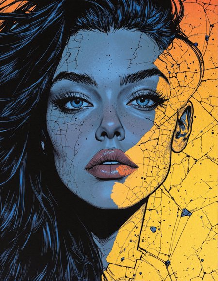 aidmaHyperrealism, Comic book illustration
A breathtaking close-up of a woman’s face, her skin resembling cracked porcelain infused with golden hues, creating an intense visual contrast against the deep black strands of her flowing hair. Her piercing, ice-blue eyes glow with an unspoken intensity, framed by bold, exaggerated lashes and dramatic, expressive eyebrows. The entire image pulses with kinetic energy, as dynamic ink-like strokes and jagged fissures spread across her visage, giving the illusion that she is shattering apart yet holding herself together through sheer force of will. The textured background is an abstract interplay of fractured glass patterns and warm golden-orange gradients, evoking a sense of transformation and rebirth. The artwork seamlessly blends hyper-expressive line work, raw emotion, and surreal fragmentation, reminiscent of high-impact ink and watercolor fusion, creating a modern masterpiece of stylized portraiture and symbolic deconstruction.
 <lora:FluxDFaeTasticDetails:0.3> <lora:Comic_Style_-_FLUX:0.85>