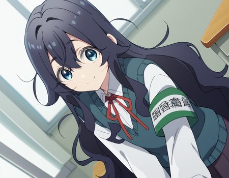 score_9, score_8_up, score_7_up, source_anime,
shizukayoshimoto, <lora:shizuka-yoshimoto-s1-ponyxl-lora-nochekaiser:1>,
shizuka yoshimoto, long hair, bangs, blue eyes, black hair, hair between eyes, wavy hair,
skirt, shirt, ribbon, school uniform, white shirt, pleated skirt, red ribbon, neck ribbon, armband, sweater vest,
indoors, classroom, bent over, smile,
looking at viewer, cowboy shot, dutch angle, solo,