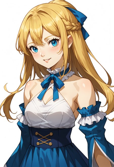 score_9, score_7_up, source_anime, BREAK <lora:zs_SMTIVPortraitsXL_2:1> smtivportraits, portrait, white background, light smile,, <lora:mxmarina:1> mxmarina, french braid, half updo, Hair ribbon, frilled choker, criss-cross halter, sleeveless dress, high-waist skirt, backless dress, blue dress, waist blue bow, detached sleeves, frilled sleeves, wide sleeves, blue sleeves, black pantyhose,