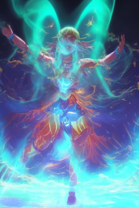 A shaman girl dances in the snow, beats a tambourine.  A very big speech bubble above the reads, "HGreat spirit father, give me buzz".  The night sky with the aurora borealis (An image with very contrasting and vivid psychedelic colors)