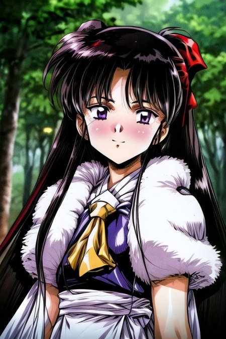 best quality 1girl Setsun4 solo long hair,  (night time) forest background black hair very long hair purple eyes multicolored hair armor, small, (fur trim) (medium body),<lora:EMS-179-EMS:0.800000>,<lora:EMS-293862-EMS:0.800000> bow, hair_bow, hair_tubes, red_bow, brown_hair, long_hair, bangs, ascot, frilled_bow, yellow_ascot, blush, smile, hair_between_eyes, athletic, armor, miko, strengthmda,  Smiling, happy, helmet