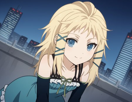score_9, score_8_up, score_7_up, source_anime,
tinasprout, <lora:tina-sprout-s1-ponyxl-lora-nochekaiser:1>,
tina sprout, long hair, blonde hair, hair ornament, blue eyes,
gloves, dress, bare shoulders, frills, black gloves, elbow gloves, blue dress, frilled dress,
cityscape, street, smile, bent over,
looking at viewer, cowboy shot, solo, dutch angle