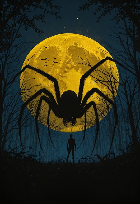 A silhouetted figure stands at the edge of a dark eerie forest under a muted yellow full moon, facing a colossal spider, spider legs ominously span the entire scene, shades of deep blue and black the scene, and distant bats dotting the sky, <lora:add-detail-xl:1>, <lora:- SDXL - vanta-black_contrast_V3.0:0.5>, <lora:MJ52:0.5>