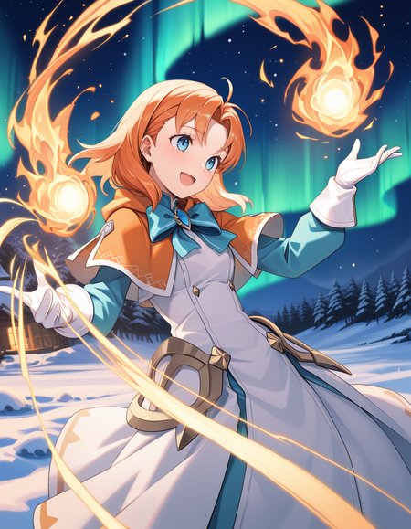 (h1ns4k1), <lora:1_illu_hinsaki_v2_23e:1>, 1girl, annette_fantine_dominic (post timeskip), fire emblem, orange hair, blue eyes, medium hair, parted bangs, orange capelet, brooch, blue bow, white gloves, long gloves, white dress, blue sleeves, smile, open mouth, magic, fjord, snow, aurora, (masterpiece, best quality, amazing quality),