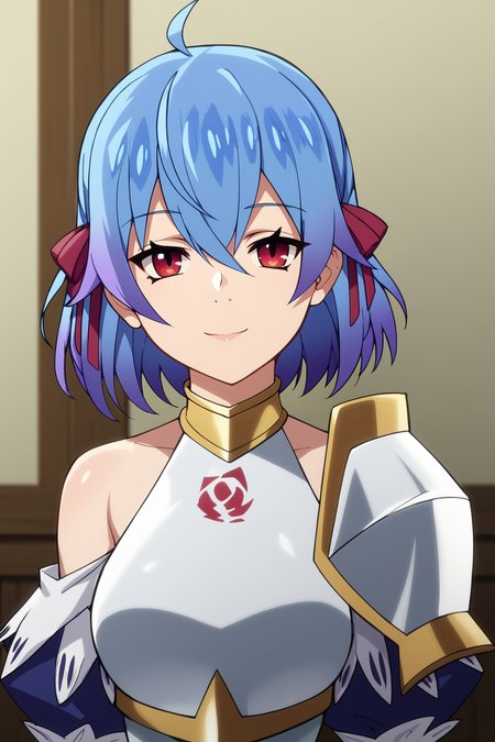 score_9, score_8_up, score_7_up, score_6_up, BREAK, RutiBHPXL, red eyes, blue hair, purple hair, gradient hair, short hair, hair ribbon, red ribbon, ahoge, hair between eyes, medium breasts, white armor, breastplate, detached sleeves, blue sleeves, single pauldron, solo, front view, (portrait, upper body), solo focus, seductive smile, looking at viewer, indoors <lora:RutiBHPXL:1>