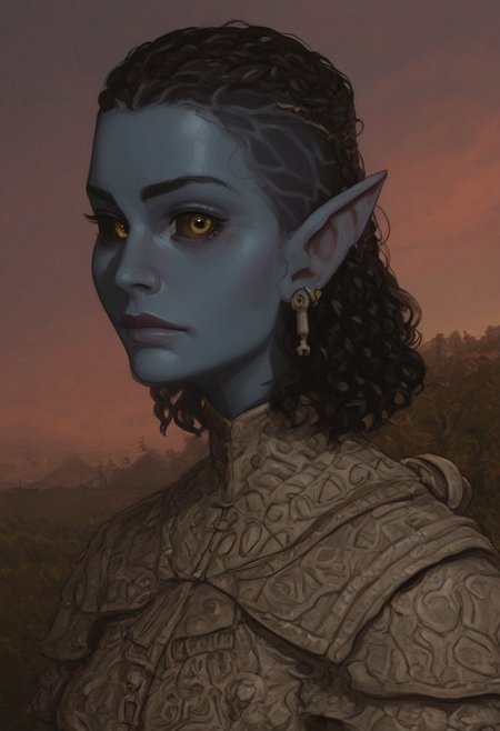 safe_pos, solo, short pointy ears, full body, fighting stance, piercings, random elf face, aquiline features, female dark elf, brow rings, beaded piercings, weathered skin, blue-grey skin, large nose, insect chitin armor, insect chitin helmet, insect chitin ornaments, stylized insect pattern, athletic build,  animated realism, zoomed out, Syrian features, torso, yurts, tents, native camp, elegant berber tapestries, dead desert trees, ash dunes, distant volcano, ashy soil, grey green foliage, distant grey hills, sunrise, gloomy lighting, grey fabric awnings, dark wood posts, light dust clouds, grey-blue skin, mahogany and ivory clothes, medium armor, bone plate armor, ivory straps and fittings, alien bone ornaments, grey wood neckguard, medium_breasts, crimson sclera, black pupils, blue-green light, neon, highly detailed, defined features, looking at viewer, three quarters view, from side, dynamic lighting, 29 years old, light and shadows, patterned cloth, joking expression, expressive eyes, detailed medieval clothes, short hair, wavy hair, thick hair, beaded hair, braided hair, under cut hair, semirealistic, alien elf, spanish features, jewish features, black hair, dark red hair, desaturated blue skin, sharp features, pastel green inuit print cloak, nighttime, high detail, absurdres, pretty eyes, detailed eyes, yellow eyes, facefix, detailed face, wielding insect chitin spear, shortspear