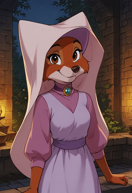 masterpiece, best quality,    <lora:MaidMarianDisney_IXL:1.0>,   zzMarian, brown eyes, furry female, body fur, two-tone fur, orange fur, white fur,   long sleeves, dress, jewelry, brooch, gem, hat,   smile, looking at viewer,
