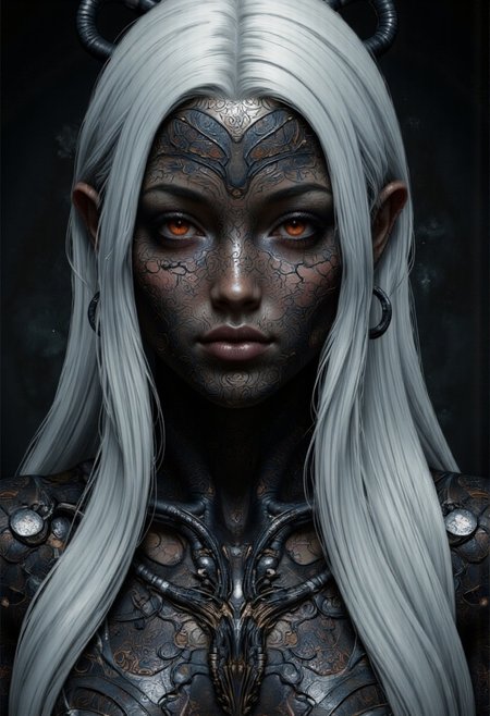 An extreme closeup portrait for an enigmatic and otherworldly woman with intricately textured metallic skin, their face and body adorned with elaborate biomechanical patterns that ripple like living armor. The figure's piercing crimson eyes glow with an intense, otherworldly energy, contrasting sharply with the cool, dark tones of their neck and face. Long, silver-white hair cascades down their back, enhancing their ethereal and alien appearance. The dimly lit, shadowy background emphasizes their enigmatic presence, evoking a sense of mystery and power.