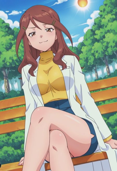 score_9, score_8, score_7, anime_screencap, anime_coloring, source_anime, high_res, rating_questionable, uncensored,
smug, sitting, crossed legs, outdoors, 1girl, bench, trees, sky, clouds, sun, looking at viewer, day, forest, cowboy shot, upper body focus, (Dutch angle:1.4)
PKMNAnnieProctor, 1girl, hairclip, hair ornament, brown hair, , long hair, brown eyes, labcoat, long sleeves, pencil skirt, turtleneck, blue skirt, yellow shirt, legs, thighs