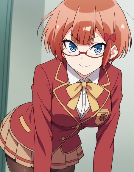 score_9, score_8_up, score_7_up, source_anime, <lora:rizu-ogata-s2-ponyxl-lora-nochekaiser:1>, rizu ogata, blue eyes, glasses, hair bow, red bow, red-framed eyewear, short hair, orange hair, large breasts,, blazer, red blazer, bow, jacket, pantyhose, pleated skirt, school uniform, shirt, skirt,, indoors, bent over, smile, smug, looking at viewer, solo,, cowboy shot, dutch angle