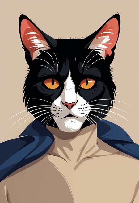 score_9, score_8_up, score_7_up, solo, 1 cat, easynegative, catman, memphis corporate design, flat art, flat coloring, simple, vector art, corporate art, cel shading, cel shaded, Vector Cartoon Illustration, cat, catman, man with cat head, red furr cat, red furr, dark blue mantle, beige backgound,