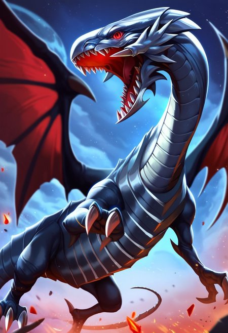score_9_up, score_8_up, score_7_up, score_6_up,  red-eyes black dragon, dragon, giant dragon, chrome metal scales, metallic scales, realistic metal scales, scaly body, polished scales, reflective metal scales, segmented body, claws, wings, dragon wings, red eyes, (glowing red eyes), (infernal background)