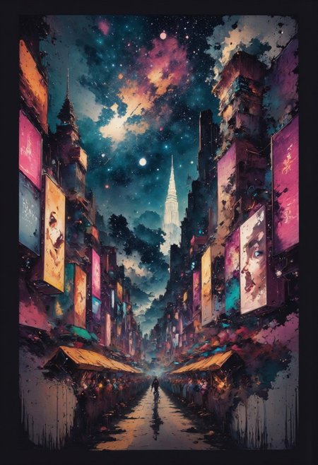 aidmainkstyle, a futuristic sci-fi city reminiscent of Times Square with tall towers and futuristic skyscrapers, neon advertising boards for cosmetic and lingerie featuring women, surreal colours, detailed night sky with stars and nebulas