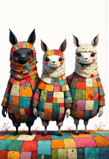 ppstorybook fantasy, Three different colored alpacas made out of patchwork fabric standing on a comfy patchwork blanket. They look very fluffy. Overall, the picture creates a feel-good atmosphere for the viewer.