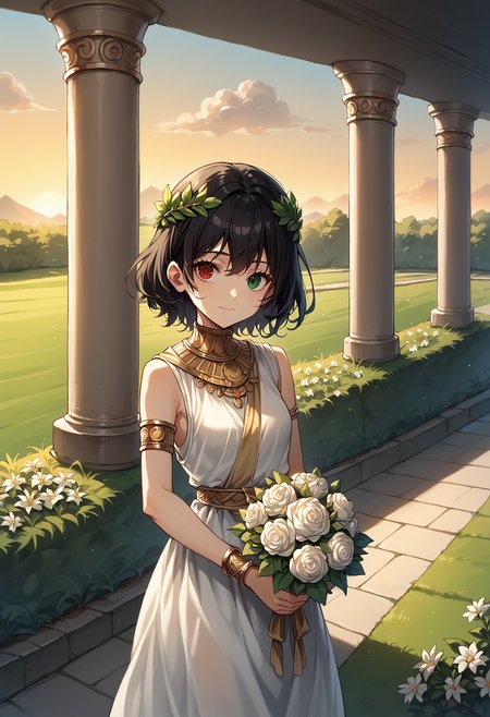score_9, score_8_up, score_7_up, source_anime, 1girl, solo, looking at viewer, mskr, black hair, short hair, small breasts, ancient greek clothes, sleeveless, (peplos), jewelry, (laurel crown:1.2), hair ornament, armlet, outdoors, garden, sunset, bush, holding bouquet, bouquet, red eyes, heterochromia, green eyes, bracelet, grass, flower, white flower, light smile, closed mouth