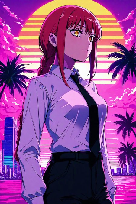 score_9, score_8_up, score_7_up, score_6_up, score_5_up, score_4_up, <lora:mak1ma0XL_Pony_v1:0.8> , mak1ma0, makima, braid, red hair, long hair, ringed eyes, white collared shirt, black necktie, black pants, 1girl, solo, alone, <lora:Vaporwave_anime_style_illustriousXL:1>, vaporwave_style, vaporwave,  sun background, horizontal striped sun, palm tree,  pink cloud, building, masterpiece, highres