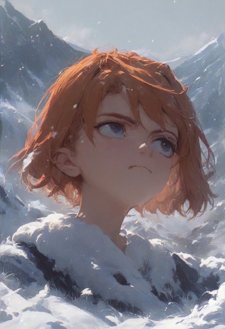 Expressiveh, mai tokiha score_9, score_8_up, score_7_up, 
 nekoyashikiyuki, 
snow mountain, footprints on the snow, white breath, upper body,