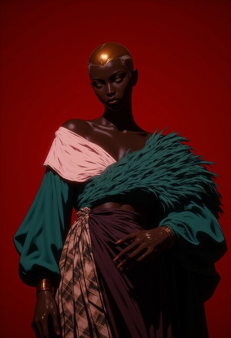 (highly detailed, 8K, high-definition DSLR fashion photograph) An extremely dark-skinned African woman stands in a powerful, statuesque pose against a solid crimson background, her presence magnetic and regal. She is draped in a voluminous emerald green feathered cape that fans dramatically from her shoulders and trails behind, each feather meticulously arranged to evoke motion, texture, and grandeur.
Her top is a flowing, off-the-shoulder garment in soft rose gold, crafted from a translucent silk-like fabric that glides across her torso, revealing her chest with artistic confidence. The fabric shimmers subtly under the light, creating a luxurious interplay of light and texture. Her skirt is a deep plum wrap-style piece, gathered at the waist and falling to mid-thigh, detailed with a subdued plaid pattern in sage, ivory, and bronze, lending depth and contrast to the composition.
Her makeup is bold—smoky green eyeshadow blended with gold highlights draws focus to her intense eyes, while her lips are coated in a soft metallic mauve, striking against her luminous, deep complexion. Her hair is styled in a sculpted, close-cropped look that emphasizes the angles of her face and the purity of her form. The crimson background enhances the rich tones of her skin and garments, creating a high-fashion image rooted in strength, elegance, and visual poetry.