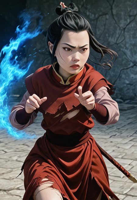 Expressive, score_6_up, score_7_up, score_8_up, score_9. Masterpiece, best quality, highly detailed, harmonious anatomy, (natural beauty:1.1), consistent details. fighting, azula, japanese, <lora:azula-book2-ponyxl-lora-nochekaiser:1>, azula, black hair, brown eyes, topknot, sidelocks, hair bun, single hair bun, flowing hair, action shot, wind in hair, (afraid look), [surprised look], skintight clothes, chinese clothes, capelet, sash, long sleeves, elbow gloves, pronounced female figure, areola slip, exposed skin, (torn clothes:1.2), [scar, blood, defeated, wounded], in feudal japanese background, blue fire power aura, blue flames, dynamic pose, dynamic view, perfect hands, [blue fire]