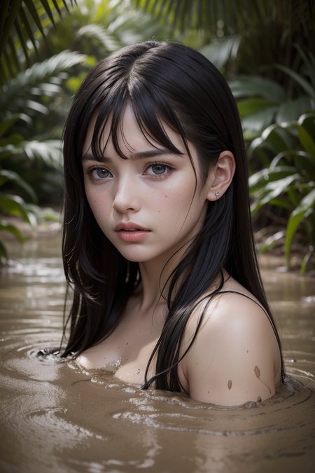 (RAW 8k photo) of (RSEEmma:1.1),<lora:RSERomantic_RSESofiko_RSEEmma-v1:0.1>, ((best quality)), ((masterpiece)), (realistic, photo-realistic:1.37), DSLR photo, DLSR, cowboy shot, worried, looking at viewer, (highly detailed skin:1.2), bright lighting, parted bangs, (black hair), very long hair, long hair, beautiful girl partially submerged in mud, (jungle background:1.2), perfect eyes, long eyelashes, <lora:partially_submerged:1>