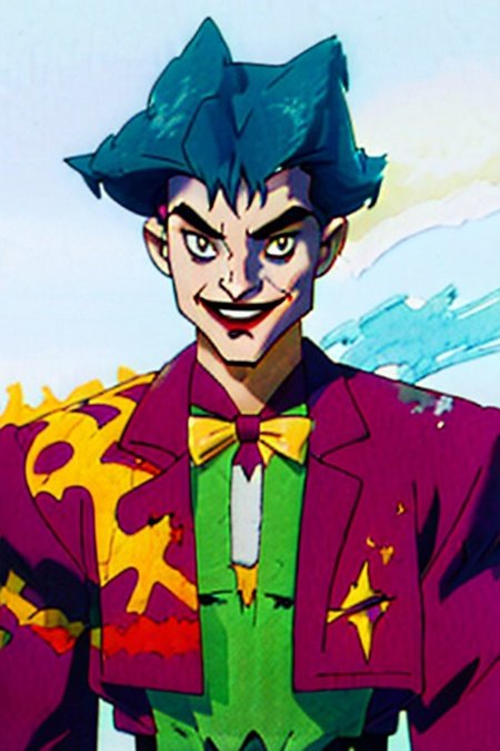 masterpiece, score_10, score_9, score_8_up, score_7_up, anime screencap, watercolor, ((DC comics joker:1.3)), (sugimori ken 1990s), (batman adventures), ((bruce timm style)), semi realistic, batman adventures, 1boy, the joker, dc comics, ((white skin:1.3)), ((bleached-white skin:1.3)), ((slicked-back black-green hair:1.3)), ((yellow sclera)), ((jaundiced eyes)), ((red irises:1.3)), dark red pupils, crazy eyes, dark eyes, bags under eyes, solo, male focus, looking at viewer, gloves, ((evil smile:1.3)), shirt, purple bow, dark background, dark mood, scary, purple jacket, upper body, long sleeves, green shirt, purple headwear, purple bowtie, evil grin, purple shirt, simple background, suit, laughing, formal <lora:batman_adventures_offset:1> divinesplatter, watercolor