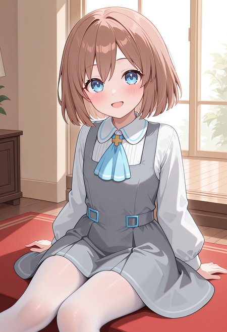 highres, best quality, masterpiece, indoors,
1girl, solo, nptrom, brown hair, short hair, blue eyes,
nrom2df, white shirt, collared shirt, blue ascot, pinafore dress, grey dress, long sleeves, white pantyhose,
looking at viewer, blush, smile,
sitting, open mouth, 
<lora:_rom_neptunia-elesico-ilxlB-000013:1>