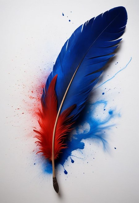 mysterious phoenix feather gliding through the air, single drop of deep blue ink dropping from the tip of the feather into a half full ink pot while an old piece of paper with beautiful writing and burning edges is hovering in the middle of it all, backlit glorious feather, fading blue red background, by Minjae Lee, Carne Griffiths, Emily Kell, Steve McCurry, Geoffroy Thoorens, Aaron Horkey, Jordan Grimmer, Greg Rutkowski, amazing depth, double exposure, surreal, geometric patterns, intricately detailed, bokeh,  perfect balanced, deep fine borders, artistic photorealism , smooth,  great masterwork by Suiras  <lora:add-detail-xl:2>  <lora:Double_Exposure:0.5>