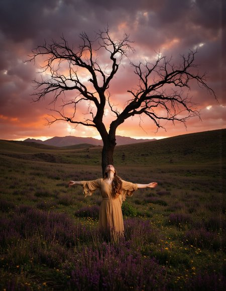 Art by Brooke Shaden. A photo-realistic shoot from a frontal camera angle about a woman standing in a field of flowers with a twisted tree in the foreground, against a dramatic sunset backdrop. the image also shows a woman with long, flowing hair, wearing a long, golden dress, standing in the middle of the image with her arms stretched out wide, looking up towards the sky. she appears to be in a state of ecstasy, with her eyes closed and a serene expression on her face. the woman is positioned in the center of the frame, with a bare, twisted tree behind her, its branches reaching upwards towards the sunset. the background features rolling hills and a vibrant, colorful sky with shades of pink, purple, and orange, creating a moody atmosphere. the field is filled with purple and yellow flowers, adding a pop of color to the scene.