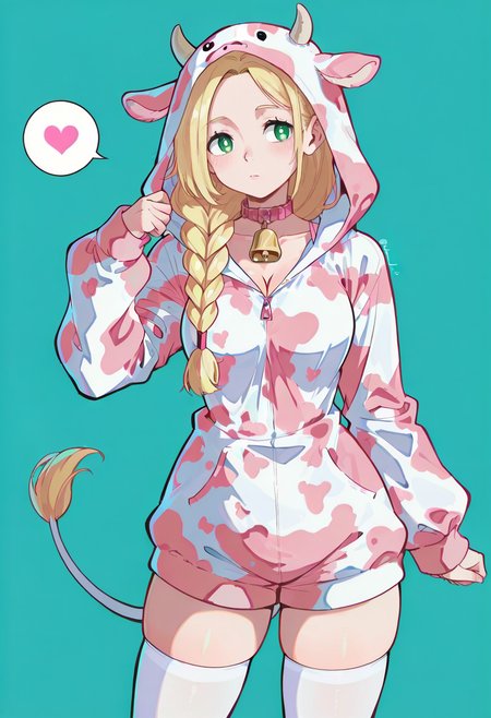 1girl, solo, reia 76, onesie, pink cow print, bell, cow tail, white thighhighs, horns, neck bell, pink collar, marcille_donato