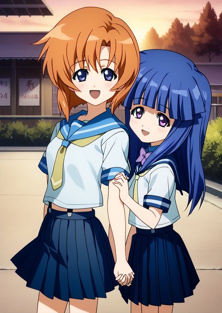 <lora:ã²ãããã®ãªãé ã«çPony_LoRA_V1:1>, score_9, score_8_up, score_7_up, source_anime, (masterpiece, best quality:1.2), extremely detailed, soft ambient lighting, sharp focus, 4K, BREAK {<lora:rena-ryuuguu-ponyxl-lora-nochekaiser:1>, \(rena ryuuguu, orange hair, short hair, blue eyes, blue school uniform, serafuku, blue pleated skirt, yellow necktie\)}, {<lora:Furude Rika:1>, \(furude rika, long blue hair, bright beautiful purple eyes, white shirt, pink bow, suspenders, black skirt\)}, 2girls, holding hands, BREAK outdoors, public park, sunset, BREAK standing, looking at viewer, happy, blush, smile, BREAK