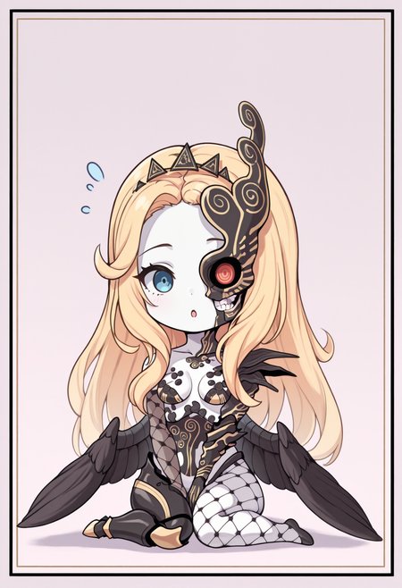 masterpiece, best quality, 1girl, solo, wariza, chibi, meme, :o, <lora:NaamahSMT-illu:1> naamah, blonde hair, long hair, tiara, blue eyes, white skin, half mask, black wings, cyborg, single mechanical arm, fishnet gloves, single elbow glove, fishnet pantyhose, mismatched legwear, mechanical leg, simple background, border
