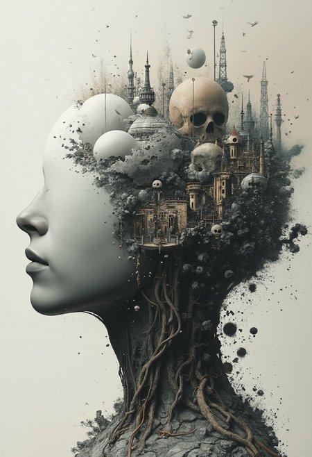 The state of mind of a man who is unable to rest: every time he falls asleep in one, he wakes up in another.
And then the situation repeats itself. 
 All worlds are nightmares. No rest for the wicked mins. Monsters inside any thoughts. style of Exploded assembly, white sphere on the background