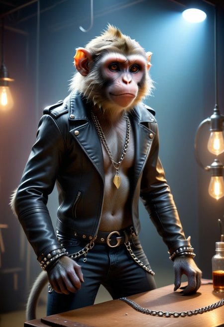 Hyperrealistic 8K fantasy concept: vervet monkey in aggressive rock-metal attire (leather collar with spikes, tight black jeans with chains, metal bracelets with spikes, high boots). Perfect anatomy, detailed textures. Holding a small glass with blue liquid (magic elixir). Unreal Engine 5, lumen lighting, depth of field.
Backstage
A dimly lit dressing room/backstage. Intense neon lights, polished metal surfaces. Silhouettes of other creatures. Sharp shadows, metallic shine. Surreal elements: smoke like notes, flickering lights. Close-up, expression of superiority/fatigue. Fine droplets of condensation, specks of light, slightly sweaty skin.
