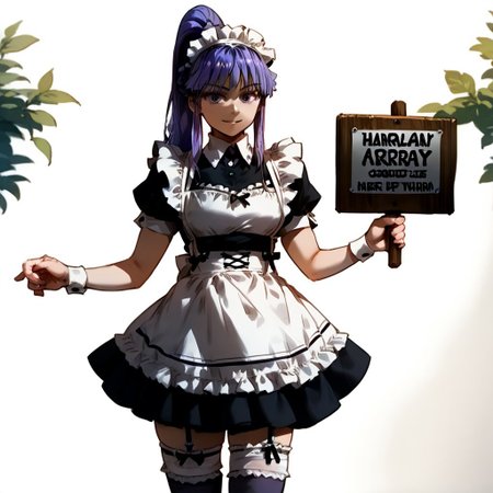 zPDXL3, score_9_up, score_8_up, score_7_up, (Anime_source), 1girl, standing, looking at viewer, smiling, ZhaoYa, lavender eyes, lavender hair, long hair, braid, Ponytail, maid apron, maid, maid headdress, thighhighs, wrist cuffs, garter belt, standing, sign peace,