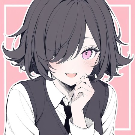 1girl, 
solo, white background, looking at viewer, white shirt, pink background, black necktie, sweater vest, hand up, flipped hair, hand on own chin, long sleeves, shirt, black eyes, one eye covered, multicolored eyes, necktie, :d, flower, black hair, black sweater vest, upper body, collared shirt, upturned eyes, short hair, open mouth, simple background, school uniform, pink eyes, hair over one eye, smile, portrait, 
masterpiece, best quality,  safe
 <lora:mki-a31-dodosako-v1-000070:1>