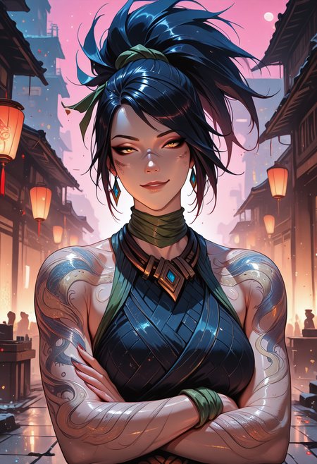 highres, very detailed, amazing quality, masterpiece, createconcept, DS-Illu, 
very aesthetic,
digital painting \artwork\, glitch art, artwork, glitter, particle effect,
1girl, Akali, league of legends, upper body, (breasts, large breasts, large breasts,), muscular, from front, looking at viewer, dragon tattoo, tattoo, tattoos, Smirk, cocky smirk, scoff, head tilted, 
Arms crossed, 

Ancient Oriental city, Japanese themed, At night, night, Lanterns, 