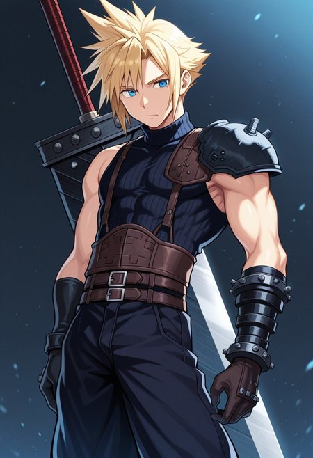 masterpiece,best quality,amazing quality, source_anime,
SoutouKumo, 1boy, male focus, solo, blue eyes, blonde hair, spiked hair, shoulder armor, single bare shoulder, sleeveless turtleneck, gloves, multiple belts,  toned male, buster sword,
