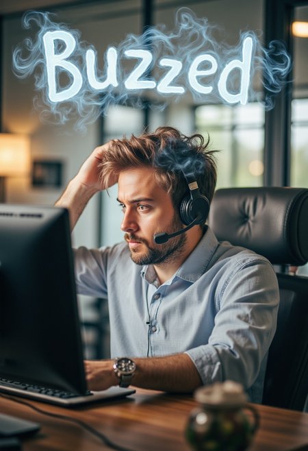 1man sitting in computer room, sitting at desk, looking at computer screen, man stressed  out, wide eye worried, frantic expression, pulling hair, wearing headset, computer has smoke rolling out of it, smoke forming words saying ("Buzzed"), office setting in background,