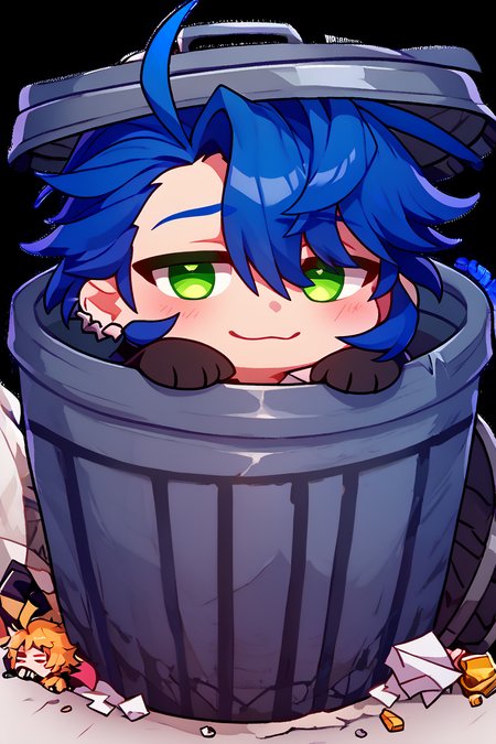 score_9, score_8_up, score_8,   BREAK,  <lora:Trash_Waifu_PDXL:1.0>,  zzTrashWaifu, in trash can,   1boy, :3, ahoge, blue hair, chibi, furrowed brow, green eyes, hair between eyes, honkai: star rail, honkai (series), looking at viewer, male focus, sampo koski, transparent background, lid on head  (text focus, the word trash:1),  BREAK,  embedding:zPDXL, Expressiveh,  <lora:CatalystStylePDXL:0.6>,  <lora:SDXLFaeTastic2400:0.5>,  <lora:Expressive_H-000001:0.4>,