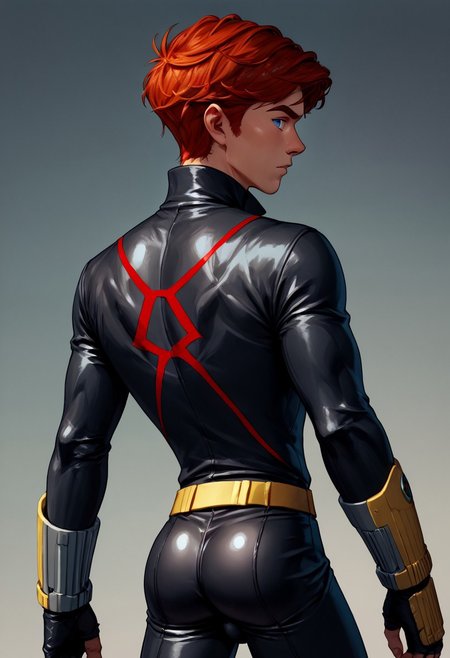 score_9, score_8_up, score_7_up, 1boy, solo,  cute boy, James Rogers, Blue Eyes, Red Hair, bulge, black widow costume,  black leather bodysuit, partially unzipped, male cleavage, yellow belt, yellow bracers, from behind, looking back, butt